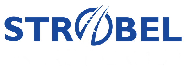 Carrera Software | Logo for Strobel Energy Group featuring the company name in bold blue and white letters, with a white lightning bolt integrated into the letter "O" in "STROBEL.