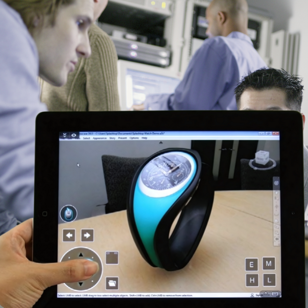 Carrera Software | A person holds a tablet displaying a 3D model of a wristwatch, while three people in the background work with electronic equipment and examine a datasheet in a lab or office setting.