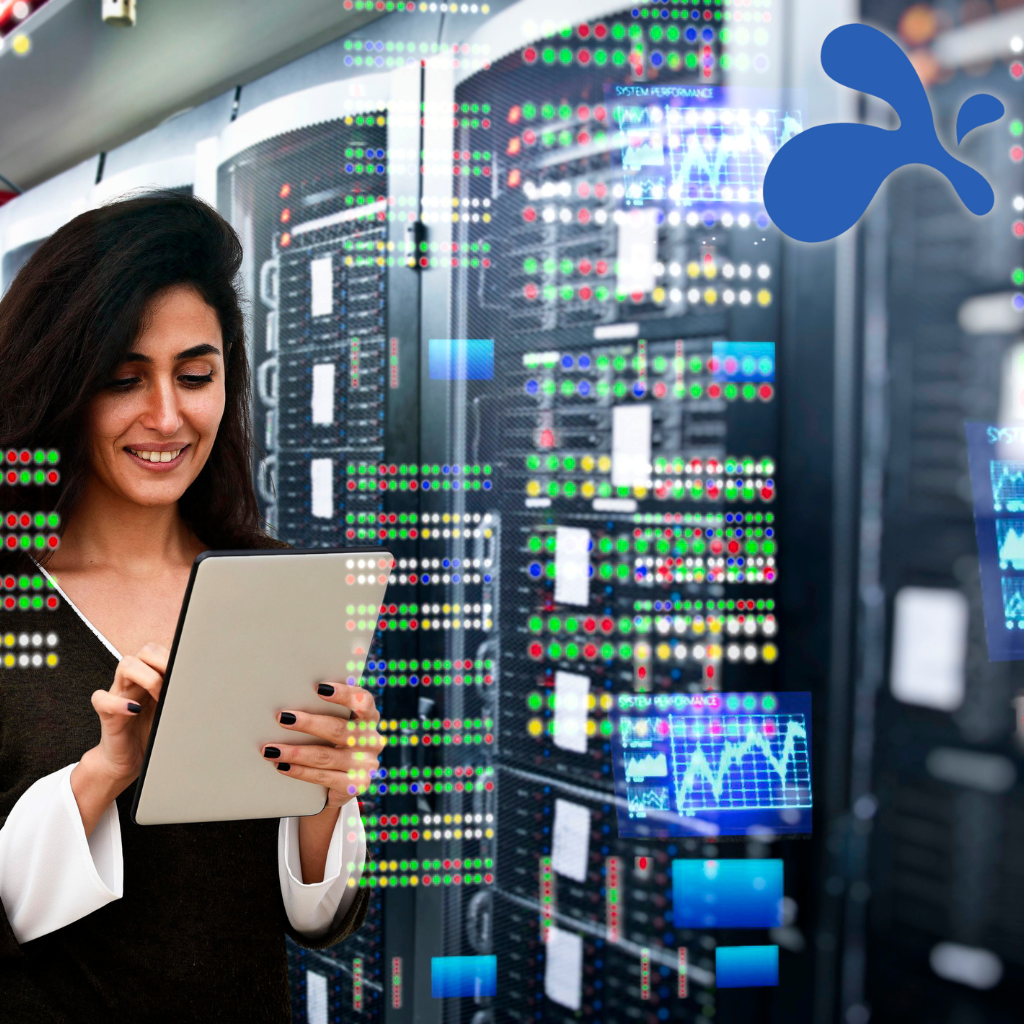 Carrera Software | A woman smiles while using a digital tablet in a server room, surrounded by data visualizations and colorful interface elements, with the Splashtop On-Prem blue splash-shaped logo in the top right corner.