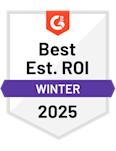 Carrera Software | A white shield-shaped badge with a red G2 logo at the top. Text reads “Best Est. ROI WINTER 2025” with "WINTER" on a purple banner, celebrating Splashtop On Prem’s application and generous free trial offer.