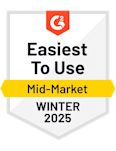 Carrera Software | A white badge with the G2 logo at the top, text reading "Easiest To Use Mid-Market Winter 2025," with "Mid-Market" highlighted in a yellow bar across the center—perfect for showcasing your application or promoting a free trial.