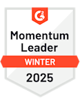 Carrera Software | Badge displaying the G2 logo at the top, with the text "Momentum Leader WINTER 2025" on a white and gray shield-shaped background—perfect for showcasing Splashtop On Prem’s achievements and encouraging users to start their free trial.
